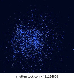 Colorful acrylic blue glitter paint splatter on black background. Neon spray stains placer abstract background, vector illustration.