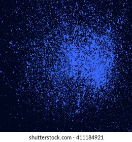 Colorful acrylic blue glitter paint splatter on black background. Neon spray stains placer abstract background, vector illustration.