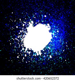 Colorful Acrylic Blue, White Glitter Paint Splatter, Blob On Black Background. Neon Spray Stains Placer Abstract Background, Vector Illustration.