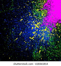 Colorful acrylic explosion paint splatter vector. Small drops, spots of color isolated on black background. Neon spray stains abstract background carnival art. Colored glitter and sprinkles grainy