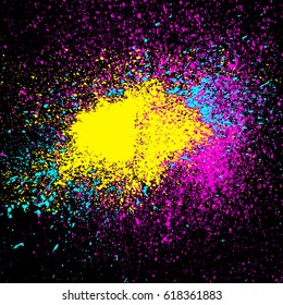 Colorful Acrylic Explosion Paint Splatter Vector. Small Drops, Spots Of Color Isolated On Black Background. Neon Spray Stains Abstract Background Carnival Art. Colored Glitter And Sprinkles Grainy