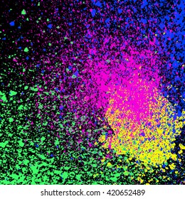 Colorful Acrylic Green, Pink, Blue, Yellow Glitter Paint Splatter, Blob On Black Background. Neon Spray Stains Placer Abstract Background, Vector Illustration.