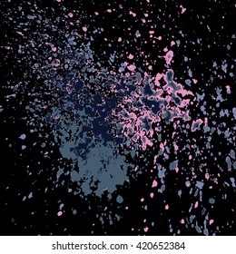 Colorful acrylic paint splatter shiny, blob on black background. Neon glowing spray stains abstract background, vector illustration.