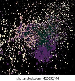 Colorful acrylic paint splatter shiny, blob on black background. Neon glowing spray stains placer abstract background, vector illustration.