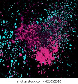 Colorful Acrylic Pink, Blue Light Glitter Paint Splatter Shiny, Blob On Black Background. Neon Glowing Spray Stains Placer Abstract Background, Vector Illustration.