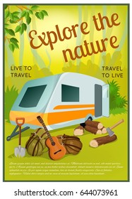 Colorful active recreation poster with camping trailer shovel backpacks guitar woods and axe in forest vector illustration