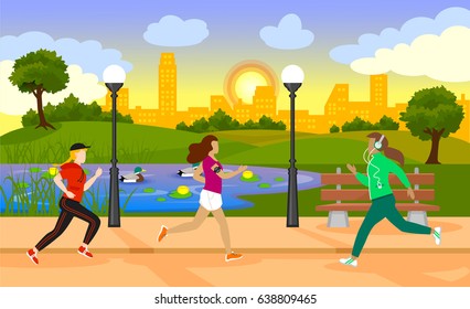 Colorful active recreation template with girls running in park pond and plants on cityscape vector illustration 