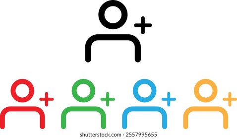 Colorful add user icon set in five colors . Add friend icon with plus symbol . Add new user icon vector