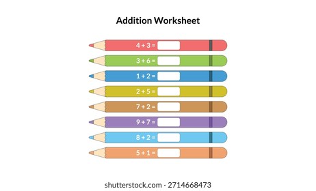Concepto de hoja de cálculo de adición colorida con números mostrados en lápices de colores vibrantes. Ideal para educación preescolar, jardín de infantes y aprendizaje temprano. Perfecto para la práctica de matemáticas