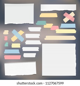 Colorful adhesive, sticky, masking, duct tape strips with note, notebook paper for text on gray background. Vector illustration.