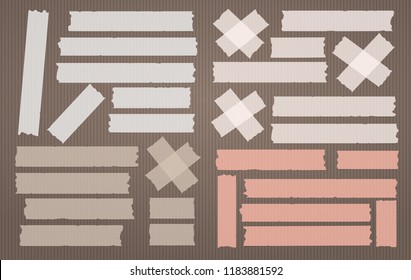 Colorful adhesive, sticky, masking, duct tape strips for text on light brown background. Vector illustration.