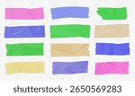 Colorful adhesive tape set vector illustration with realistic wrinkled texture, sticky strips, masking tape pieces for design projects