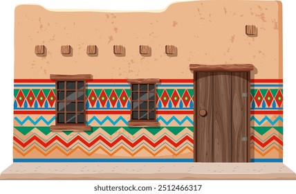 Colorful adobe house with wooden door and windows