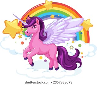 Una colorida y adorable ilustración de una caricatura que presenta un unicornio rosa volador entre un arcoiris, nubes y estrellas