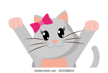 colorful adorable female cat with hands up