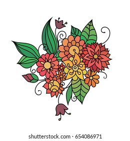 Colorful adult coloring book style floral illustration. Red and orange flowers and leaves vivid tattoo sketch.
