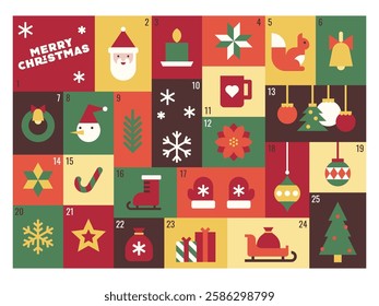 Colorful Advent Calendar with Christmas Icons and Festive Symbols Vector Illustration