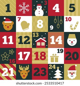 Colorful Advent Calendar with Christmas Symbols and Numbers Vector Illustration