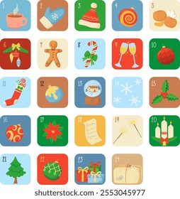 Colorful advent calendar featuring 24 festive icons, including Christmas decorations, treats, and holiday items.