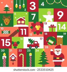 Colorful Advent Calendar with Holiday Symbols and Numbers in Flat Design Illustration