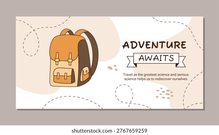 Colorful adventure backpack doodle on horizontal background. Travel bag as camp trip concept and tourist expedition awaits in brown graphic style for holiday, journey or equipment idea.