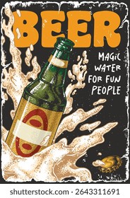 A colorful advertisement showcases a green beer bottle with splashing liquid surrounding it. The text highlights beer as the magic water for fun people inviting excitement and enjoyment.