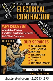 Colorful advertising banner with place for text, electrician in cap and overalls using screwdriver, vector illustration