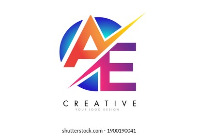 Colorful AE A E Letter Logo Design with a Creative Cut and Gradient Blue Background. Creative Orange and Pink AD A E icon.