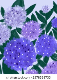 Colorful aesthetic flowers hydrangeas patterns and leaves on purple background for presentation, branding package, fabric print, wallpaper, social media post, doodle, notes, book covers, wall decor.