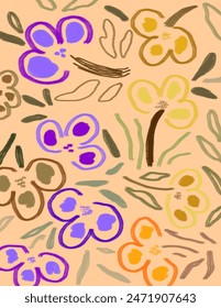 Colorful aesthetic flowers and leaves patterns on yellow background for web banner, presentation, branding package, fabric print, wallpaper, social media post, doodle, notes, book covers, wall decor.