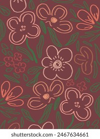 Colorful aesthetic flowers patterns and leaves on burgundy background for business presentation, branding package, fabric print, wallpaper, social media post, doodle, notes, book covers, wall decor.