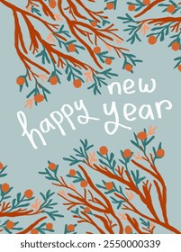 Colorful aesthetic flowers patterns and leaves on green background with lettering “happy new year” for package, fabric print, wallpaper, social media post, doodle, notes, book covers, wall decor.