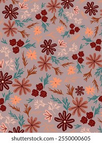 Colorful aesthetic flowers patterns and leaves on brown background for business presentation, branding package, fabric print, wallpaper, social media post, doodle, notes, book covers, wall decor.