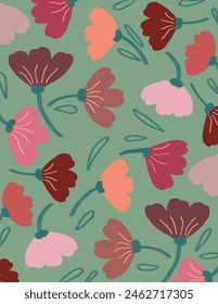 Colorful aesthetic flowers patterns on green background for web banner, business presentation, branding package, fabric print, wallpaper, social media post, doodle, notes, book covers, wall decor.