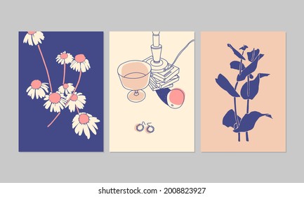 Colorful aesthetic posters or greeting cards. Set of modern illustrations. Can be used for interior decor, wall art, tote bag, t-shirt print.