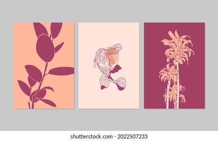 Colorful aesthetic posters or greeting cards. Set of modern illustrations of plants. Can be used for interior decor, wall art, tote bag, t-shirt print.