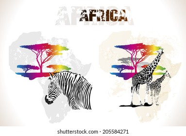 Colorful africa map with trees and animals, vector illustration