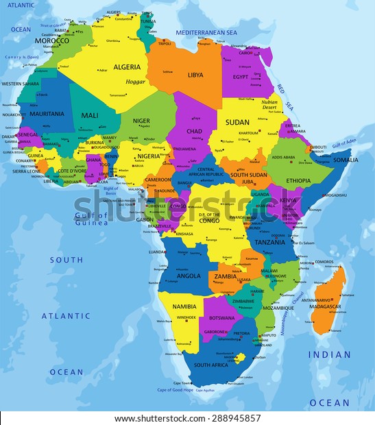 Colorful Africa Political Map Clearly Labeled เวกเตอร์สต็อก (ปลอดค่า ...