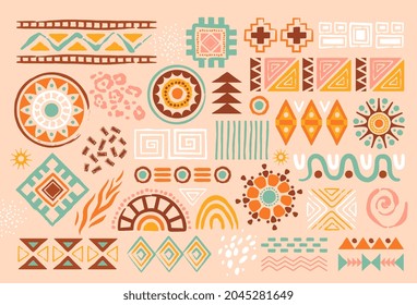 Colorful african abstract art shapes on pastel background. Ethnical ribal doodle decoration with random shapes, animal print texture and traditional hand drawn icons. Flat cartoon vector illustration