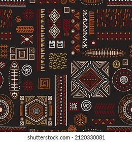 Colorful African art decoration tribal geometric shapes seamless background. Colored pattern flat vector boho symbols illustrations. Ancient indian shapes and animal print doodles.