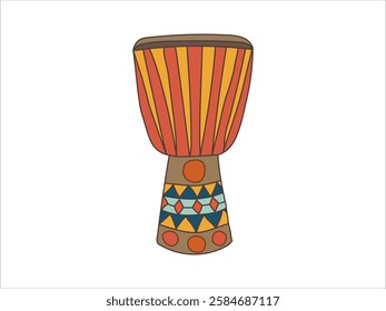 Colorful African Djembe Drum Illustration isolated on White Background. Concept of Music, Cultural Heritage, Musical Instrument, African Percussion, Traditional Instruments, Design, Ethnic Patterns.