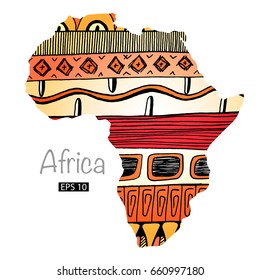 Colorful african pattern on continent silhouette. Vector illustration.