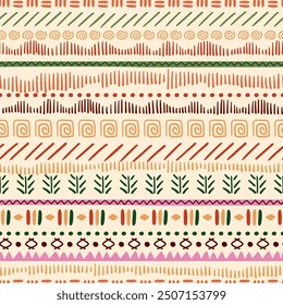 Colorful African stripes pattern. Vector ethnic tribal ornament hand drawn from lines. Cute geometric summer boho textile design, tropical background, wrapping paper, wallpaper, fabric, striped print.