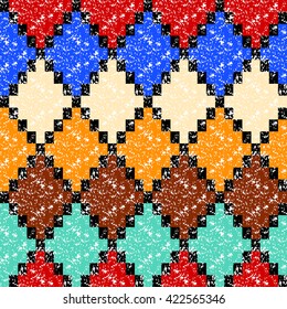 Colorful aged geometric rhombus shape grunge seamless pattern, vector