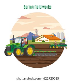 Colorful agriculture and farming concept with harvesting vehicles house barn and windmill on mountain landscape vector illustration