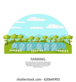 Colorful agronomy and agriculture concept with greenhouse and garden on nature landscape vector illustration