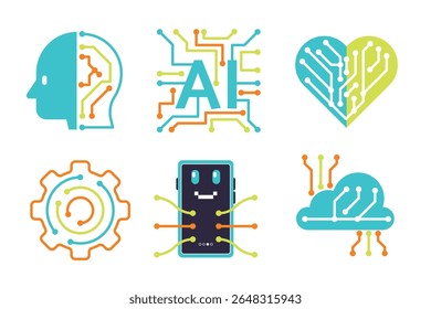 Colorful AI and Technology Icons Set – Flat Design Vector