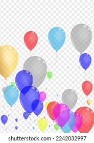 Colorful Air Background Transparent Vector. Toy Rubber Card. Red Inflatable. Blue Confetti. Helium Circus Set.