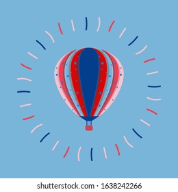 Colorful air balloon on the blue bakground. Illustration with a flying aerostat 
