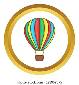 Colorful air balloon vector icon in golden circle, cartoon style isolated on white background